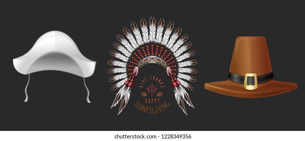 Set of hats for Thanksgiving Day celebration. Thanksgiving hats collection. Happy Thanksgiving. Give Thanks. Vector illustration