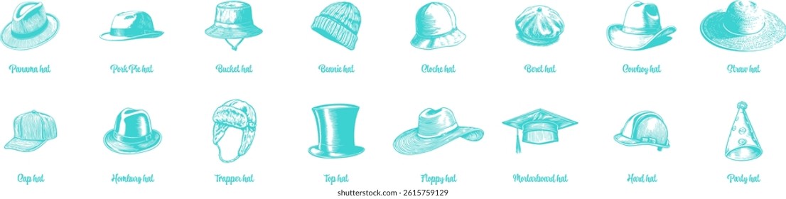 Set of hats with their common name. vector illustration, blue on a white background