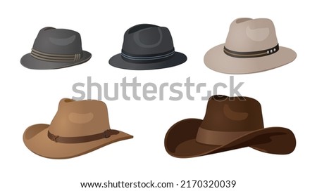 Set of Hats Type - Bowler, Trilby, Fedora, Panama and Cowboy, vector illustration isolated 