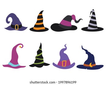 Set of hats of witches. Collection of colorful witchy headdresses of wizards. Vector illustration of hats for a halloween. 