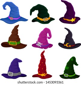 Set of hats wizards in different colors. Vector illustration on white background.