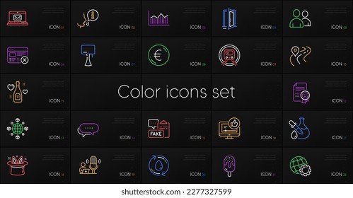 Conjunto de iconos de línea de experimentos de Hat-trick, Dots message y Chemistry. Incluya Sonrisa, Usuarios, iconos de Globe. Champán de amor, documento falso, elementos web de lámpara de mesa. Red logística, correo electrónico. Vector