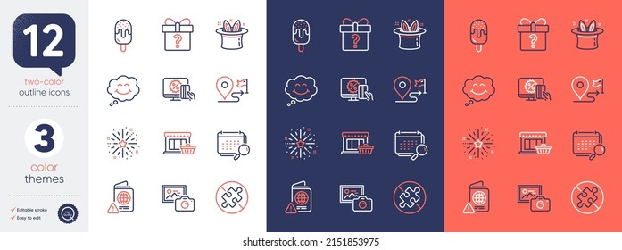Set of Hat-trick, Smile and Online shopping line icons. Include No puzzle, Calendar, Ice cream icons. Marketplace, Passport warning, Photo camera web elements. Secret gift, Journey. Vector