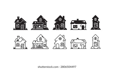 A set of haunted house icons featuring abandoned and spooky buildings in black silhouette and linear outline styles, isolated on a white background for design projects.