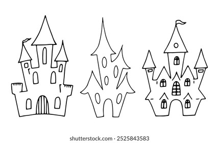 Set von spukenden Hauslinien-Kunst. Schwarze Umrisszeichnung für Halloween. Handgezeichnetes grafisches Clipart. Herrenhaus Silhouette für gespenstische Dekoration und Party Einladung Design. Einfache Doodle-Stil.