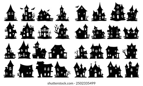 Conjunto de ilustración de silueta de la casa embrujada sobre fondo blanco. Vector de Halloween para decoración o pegatina