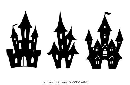 Conjunto de silhuetas de casa assombradas. Desenho de contorno preto e branco para o Halloween. Clipart gráfico desenhado à mão. Esboço de linha com mansão para decoração assustadora e design de convite. Estilo Doodle simples.