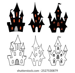 Conjunto de silhuetas de casa assombradas. Desenho de contorno preto e laranja para Halloween. Clipart gráfico desenhado à mão. Esboço de linha de mansão para decoração assustador e design de convite. Estilo Doodle simples.