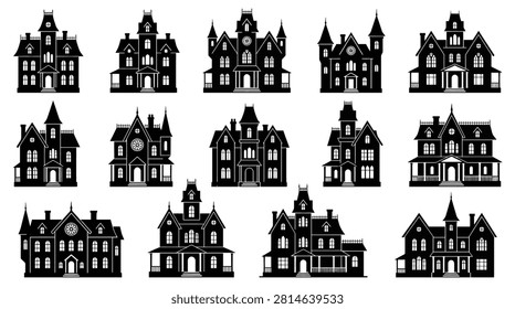 Set of haunted house silhouettes black vector illustrations of spooky mansions, gothic castles, and old victorian homes for halloween design