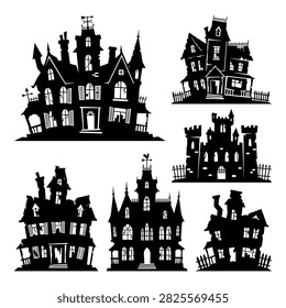 Set of haunted house silhouettes, including spooky mansions, creepy castles, and abandoned buildings, for halloween decorations, horror themes, or gothic designs.