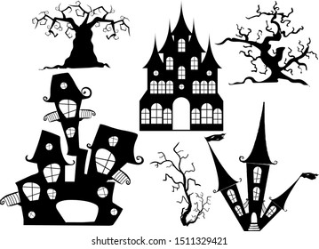 Set of haunted houses for Halloween. Collection of castles with monsters. Black house sieves. Vector illustration for kids. Tattoo.