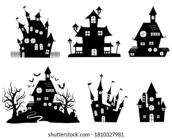 Set of haunted houses for Halloween. Collection of castles with monsters. silhouette a scary house