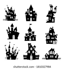 Set of haunted houses for Halloween. Collection of castles with monsters. silhouette a scary house