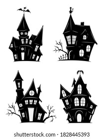 Set of haunted houses for Halloween. Vector silhouettes of scary old houses. Mystical spooky house. Black halloween castle. For flyer or invitation template for Halloween party.