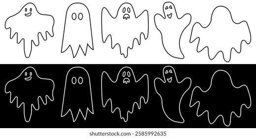 Set of Haunting Halloween Spirit Icons in outline. Spooky Ghost Silhouettes collection. Vector illustration isolated on black and white background.