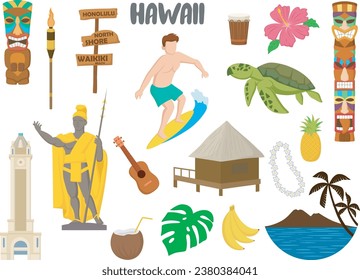 Set of Hawaii famous landmarks