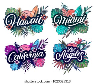 Set of Hawaii, Miami, California and Los Angeles hand written lettering text with palm and monstera leaves, tropical plant, flowers, sun, surfboard. Use for tee print, sticker, poster. Vector.