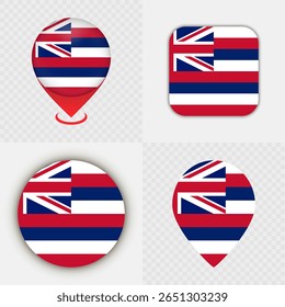 Set of Hawaii State Flag Icons and Map Pins.