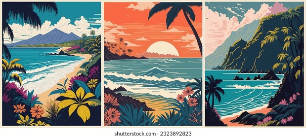 Set of Hawaii Travel Posters in retro style. Exotic Tropical ocean beach landscape vintage prints. Summer vacation, holidays concept. Vector colorful art illustrations.