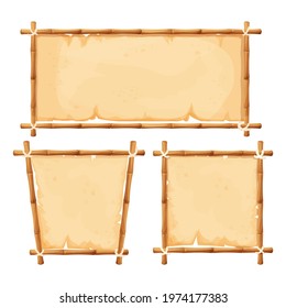 Set hawaiian bamboo frames with parchment different shapes in cartoon style isolated on white background. Empty signboard, template poster.