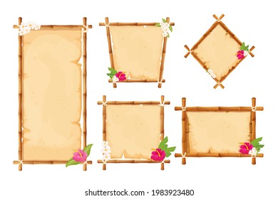 Set hawaiian bamboo frames with parchment and tropical flowers in cartoon style isolated on white background. Empty signboard, template poster.