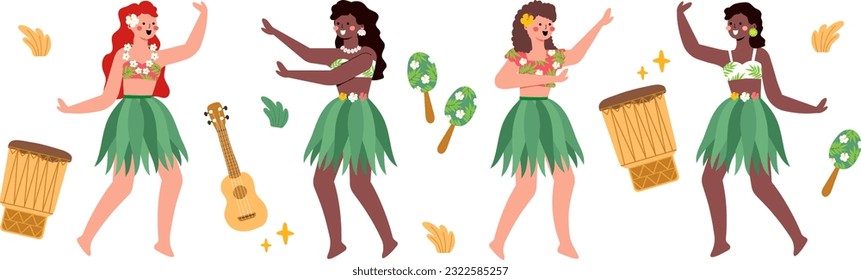 Set of hawaiian costumes dancing on white background vector illustration isolated