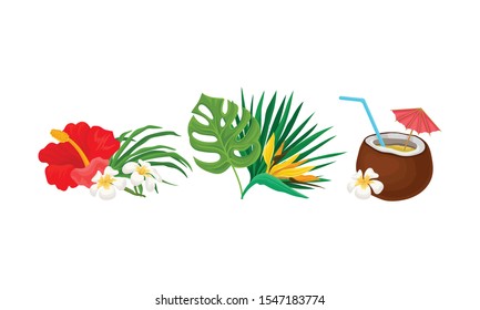 Set of hawaiian flower arrangements. Vector illustration on a white background.