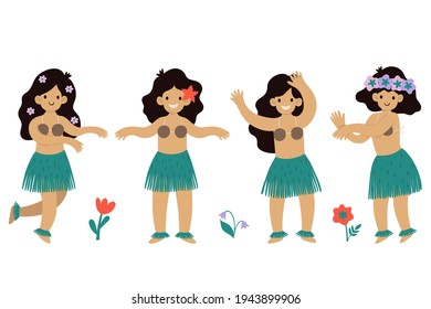 Set of Hawaiian girls dancing hula isolated on white background. Vector graphics.