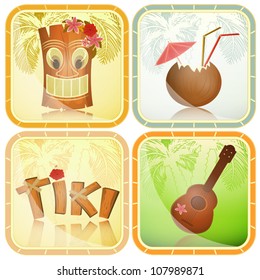 Set of Hawaiian icons - tiki, ukulele, hibiscus - vector illustration