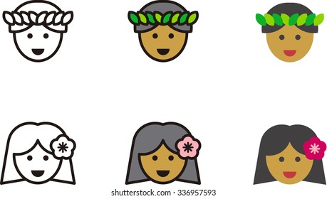 Set of HAWAIIAN man and woman icons with traditional clothing