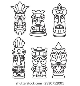 Set hawaiian tiki god masks.Hand drawn tiki outline.Thin line art polynesian symbol.Tribal mask icons.Ethnic masks. Scary ritual mask.Isolated on white background.Outline vector illustration.