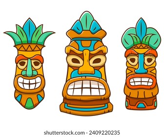 Enmascarar a los dioses del tiki hawaiano. Esquema tiki dibujado a mano. Símbolo polinesio de arte de línea delgada. Iconos de máscaras tribales. máscaras étnicas. Máscara ritual aterradora.Aislada sobre fondo blanco.Ilustración de vector de arte de línea.