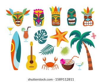 Conjunto de símbolos tradicionales hawaianos - máscaras y tablas de surf, ilustración plana vectorial de caricatura aislada en fondo blanco. Islas tropicales polinesias iconos exóticos.