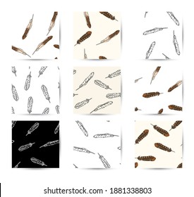 Set of hawk feathers bohemian seamless border patterns. Stock vector texture background repeatable tiles indigenous collection. Boho template for stationery wrapping design, wallpaper.