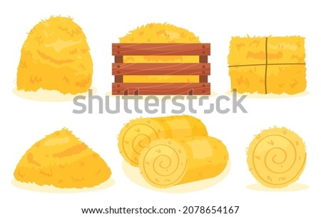 Set of hay. Animal feed, mammals, farm. Collection of pictures with grass. Graphic elements for website. Agricultural, agronomy. Cartoon flat vector illustrations isolated on white background