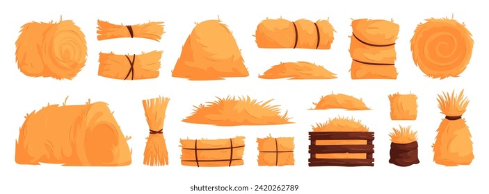 Set of hay bales, piles, heaps and stacks. Straw in rolls, squares, bags. Dry grass, bundles of farm feed. Cartoon vector illustration of haystacks.