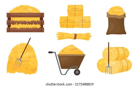 Set of hay bales. Various types of dried stems, haystacks, haylofts and rolls of heaps. Boxes, baskets and bags with agricultural crops. Cartoon flat vector collection isolated on white background.