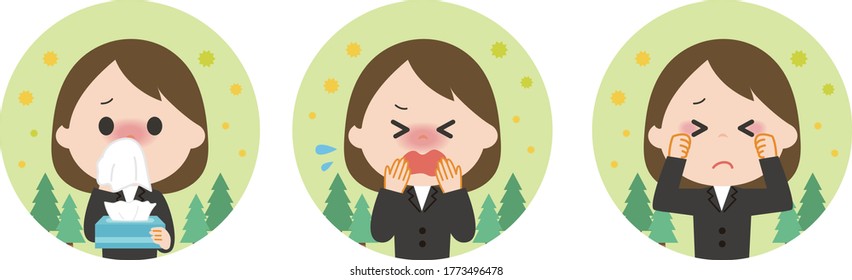 Set of hay fever young business woman. Vector illustration.  