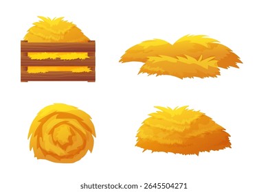 Set of hay and straw clipart. Includes flat farm piles, isolated bales, grass stacks, wooden box, rake, and sack. Perfect for village scenes, agriculture projects, and rural icons.