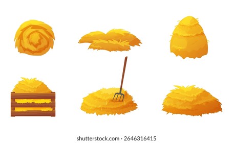 Set of hay and straw clipart. Includes flat farm piles, isolated bales, grass stacks, wooden box, rake, and sack. Perfect for village scenes, agriculture projects, and rural icons.