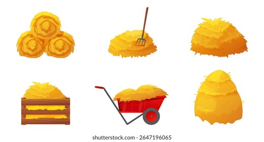 Set of hay and straw clipart. Includes flat farm piles, isolated bales, grass stacks, wooden box, rake, and sack. Perfect for village scenes, agriculture projects, and rural icons.