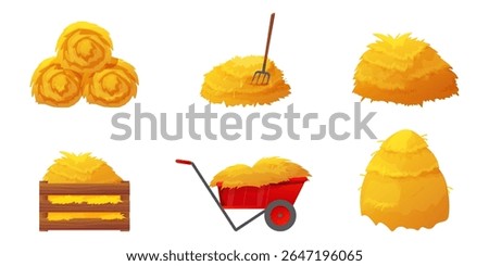 Set of hay and straw clipart. Includes flat farm piles, isolated bales, grass stacks, wooden box, rake, and sack. Perfect for village scenes, agriculture projects, and rural icons.