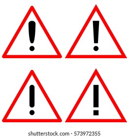 Set of hazard danger black exclamation marks warning in red triangles traffic signs icons on a white background flat design popup notification alert alarm vector illustration