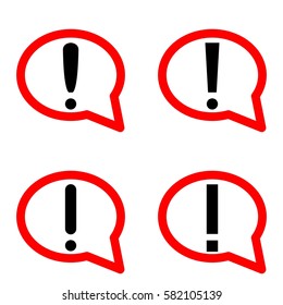 Set of hazard danger black exclamation marks warning in red speech bubbles ovals circles signs icons on a white background flat design popup notification alert alarm vector illustration