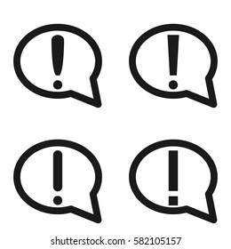 Set of hazard danger black exclamation marks warning in black speech bubbles ovals circles signs icons on a white background flat design popup notification alert alarm vector illustration
