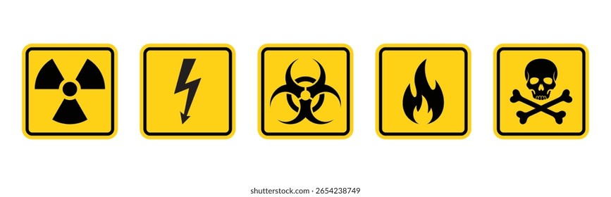 Conjunto de signos de peligro de Vector. Radiación, alto voltaje, riesgo biológico, llama de gas, Ilustración vectorial del rectángulo del Iniciar sesión tóxico en un fondo aislado