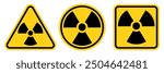Set hazard danger yellow vector signs. Radiation or Radioactive sign, logo, badge, icon, sticker, label, emblem, stamp, symbol, black, line, flat vector, isolated illustration.