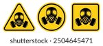 Set hazard danger yellow vector signs. Gas mask sign, logo, badge, icon, sticker, label, emblem, stamp, symbol, black, line, flat vector, isolated illustration.