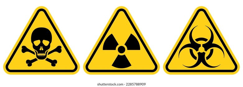 Set hazard danger yellow vector signs. Radiation sign, Biohazard sign, Toxic sign.