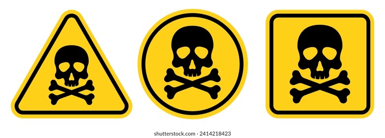 Set hazard danger yellow vector signs. Radiation sign, Biohazard sign, Toxic sign, Gas mask.	